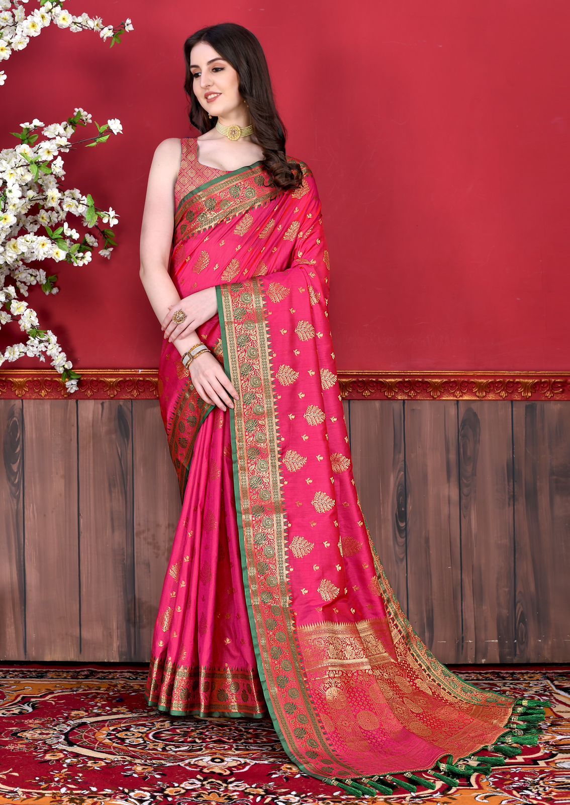 Blushing Blossom Silk Saree with Floral Embellishments