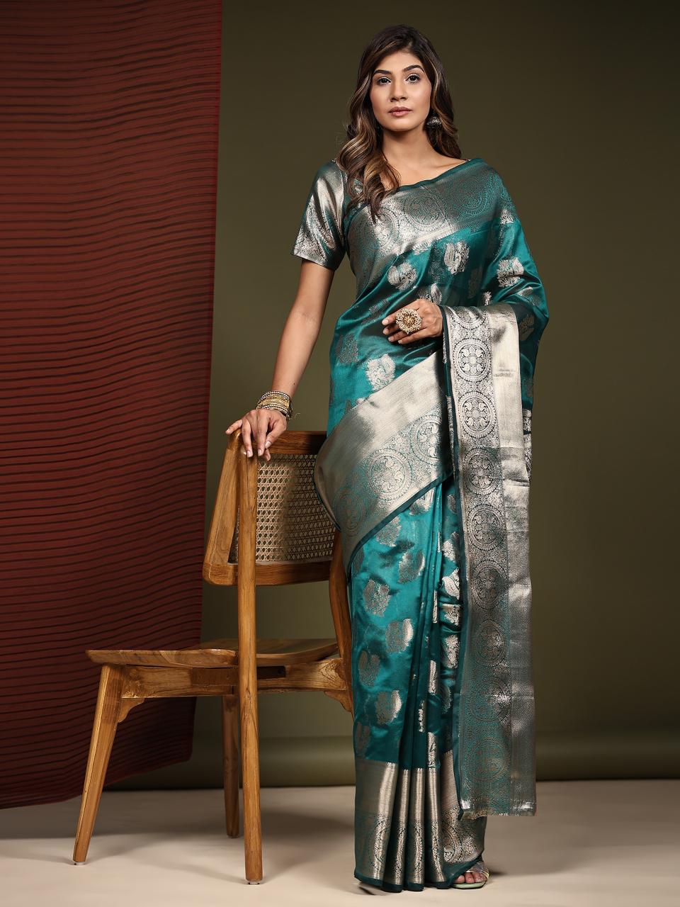 Opulent Dark Greenish Blue Zari Weave Saree