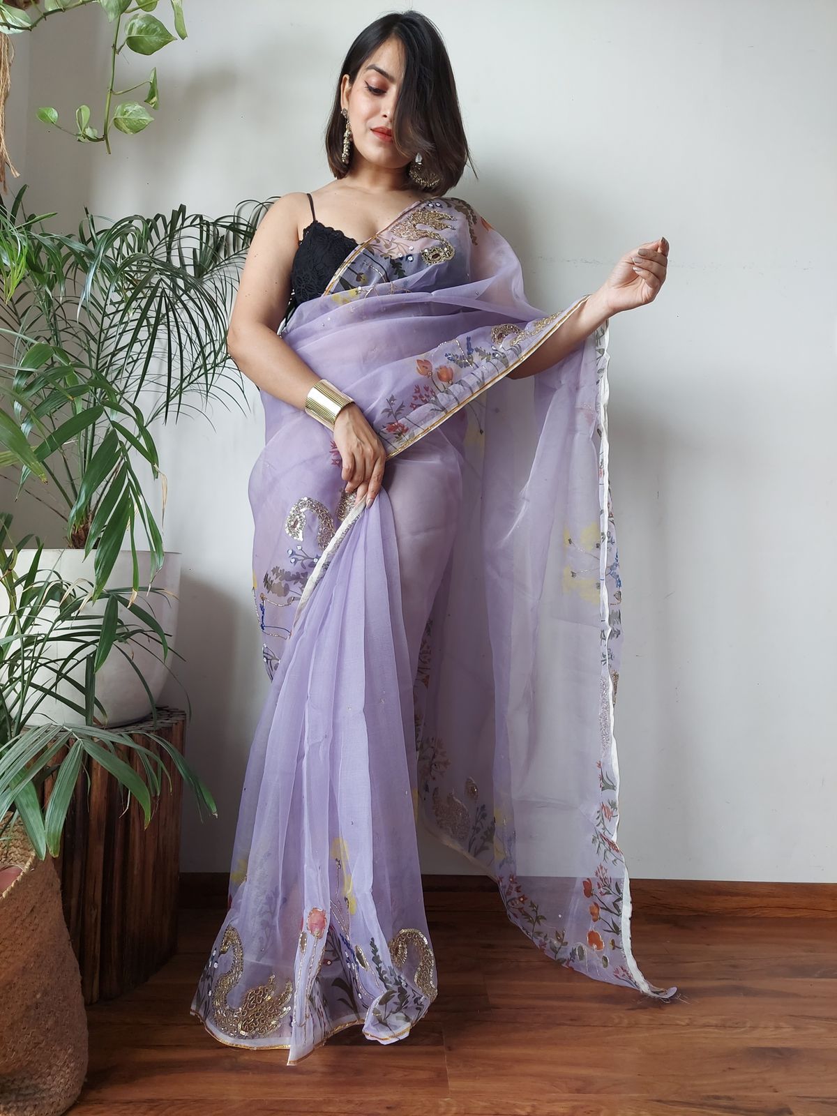 Lavender Semi-Pure Organza Saree with Antique Handcrafted