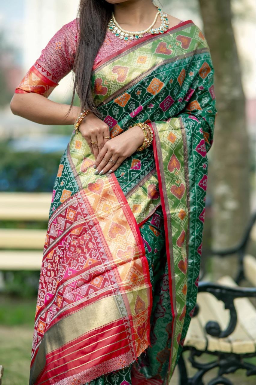 Green and Multicolor Patola Silk Saree with Heart Motifs