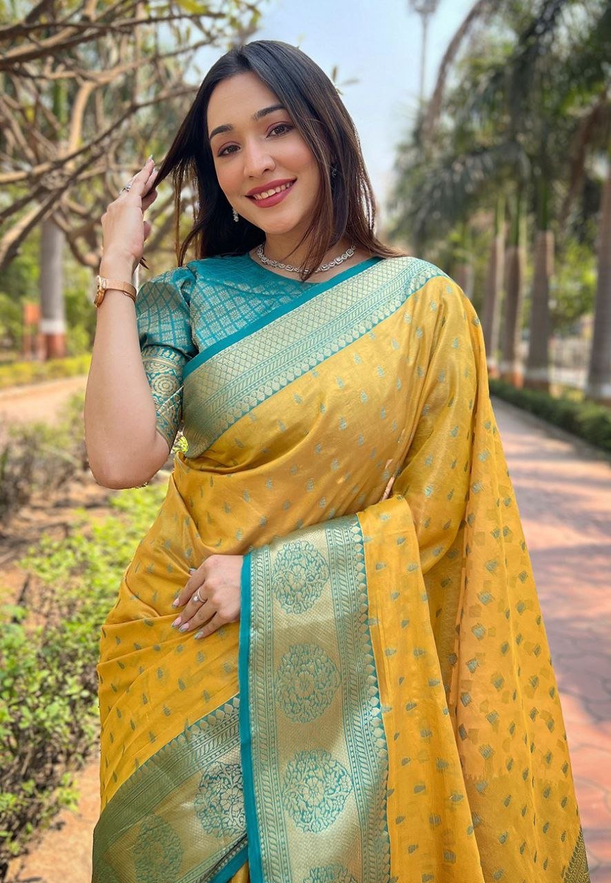 Floral Motif Silk Saree in Mustard Yellow and Teal Blue