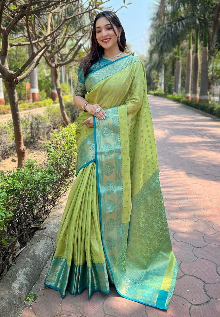 Emerald Elegance Green Silk Saree with Teal Floral Border