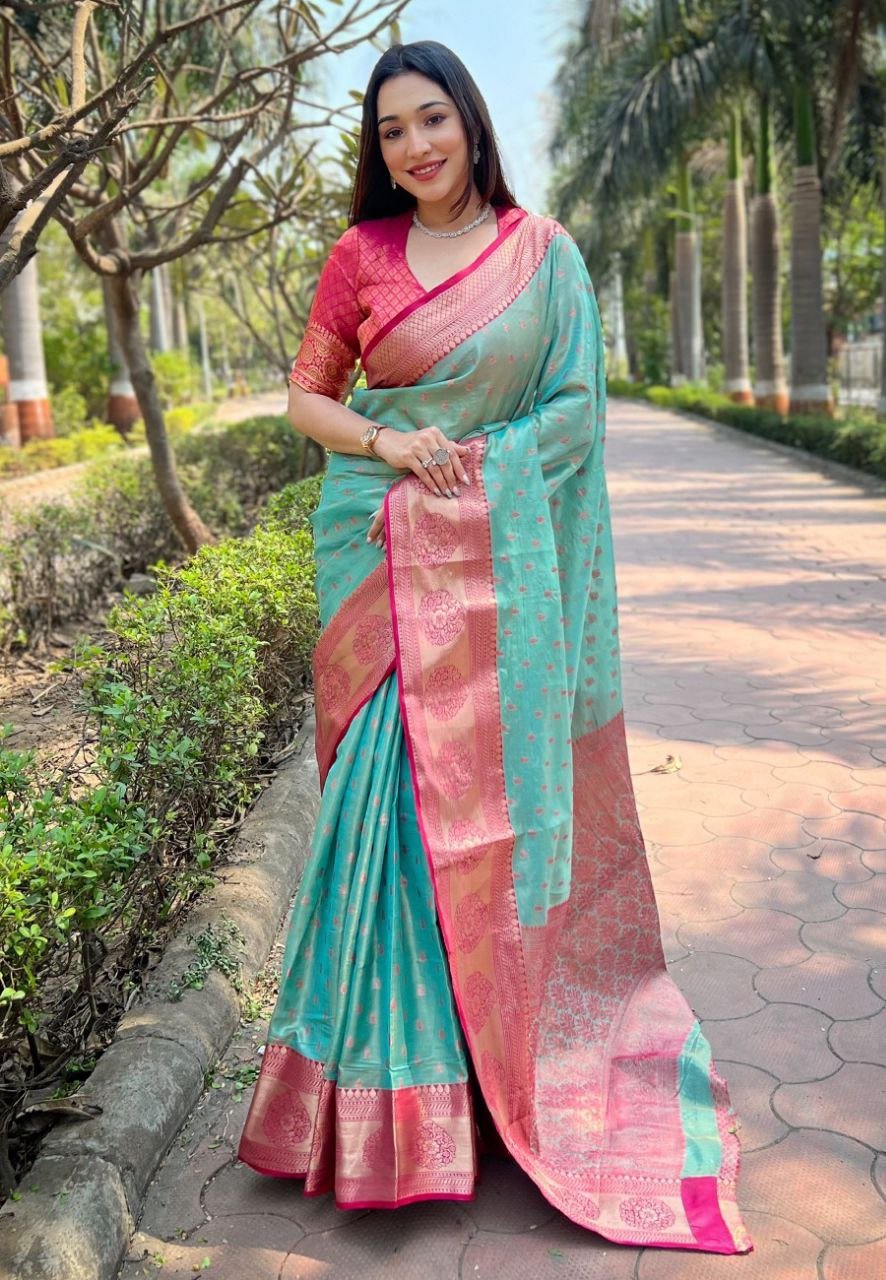 Dual-Tone Silk Saree with Aqua and Pink Hues