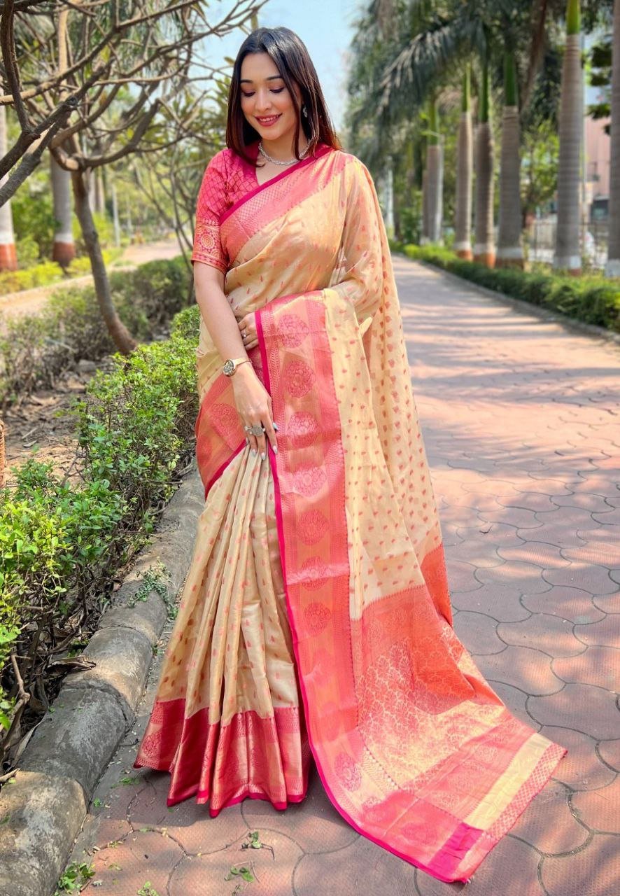 Peach Blossom Dual-Tone Silk Saree with Elegant Motifs