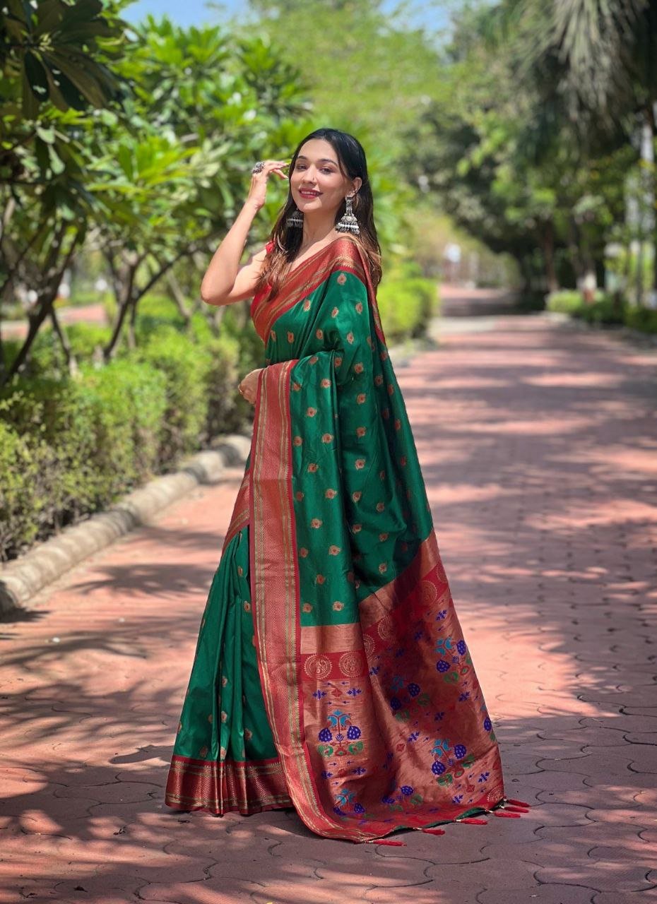 Emerald Enchantment Meenakari Paithani Silk Saree